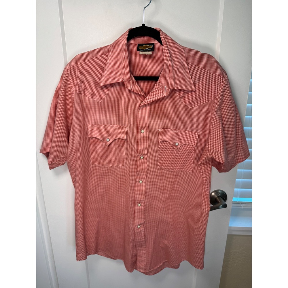 Vintage HOLT Western Shirt Large Red White Gingham Pearl Snap 70s Cowboy
